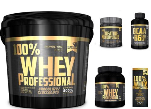 100% Whey Professional Gold's Nutrition 5 kg Proteine Siero Cioccolato + Bcaa 100cps + CREATINA Scitec Nutrition o Gold's 100g + OMAGGI