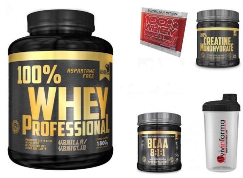 100% Whey Professional 1,8Kg proteine siero del latte Cioccolato + Bcaa 8.1.1 200cpr + Creatina 100g Gold's Nutrition + Omaggi