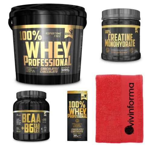 100% Whey Professional 5 kg proteine siero + Bcaa + Creatina Gold's Nutrition + Asciugamano Vivinforma